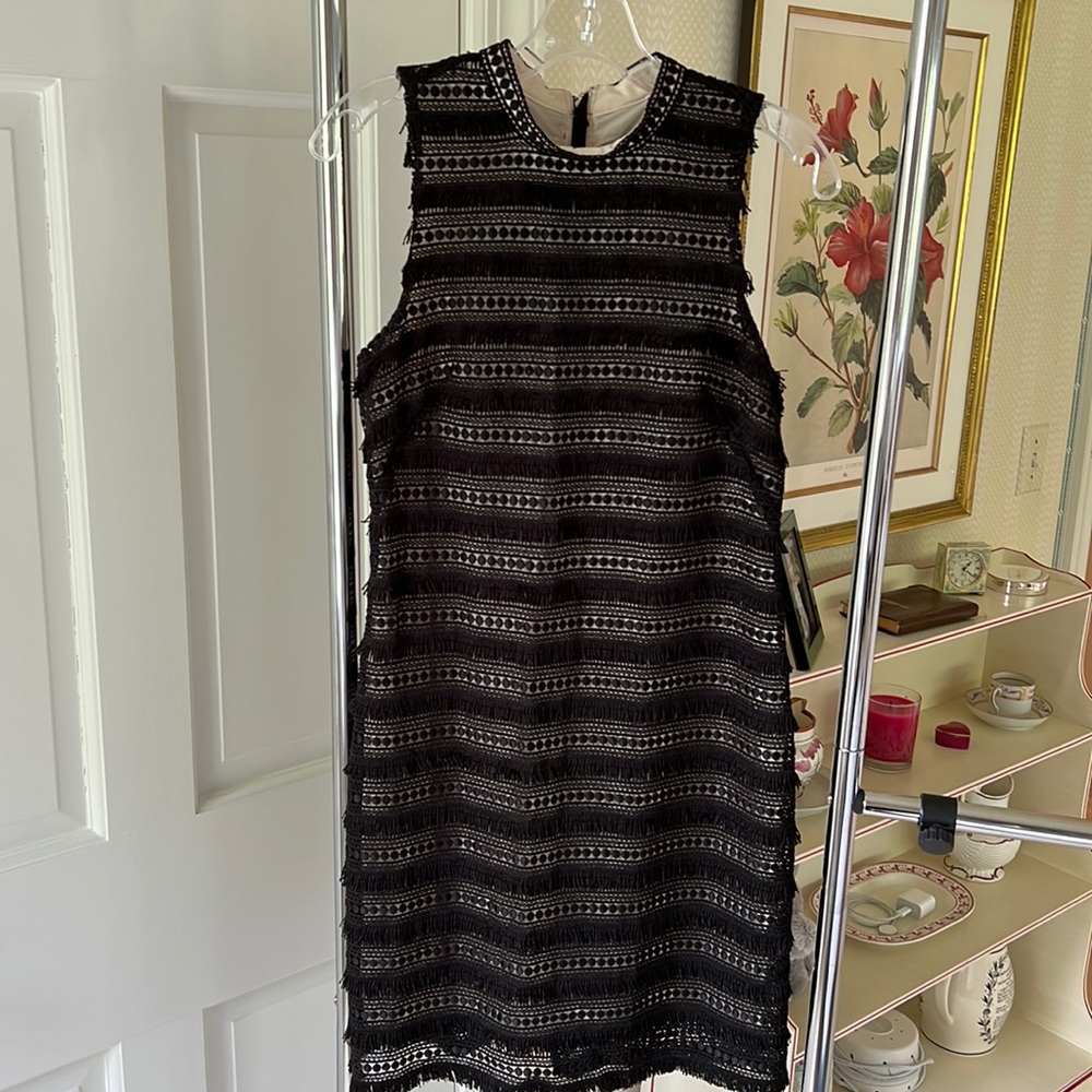 Black J crew dress with fringe overlay, size 2